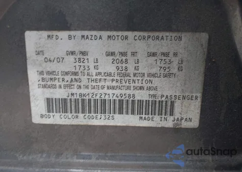 2007 Mazda Mazda3 I из США, поврежденный, VIN JM1BK12F271749588